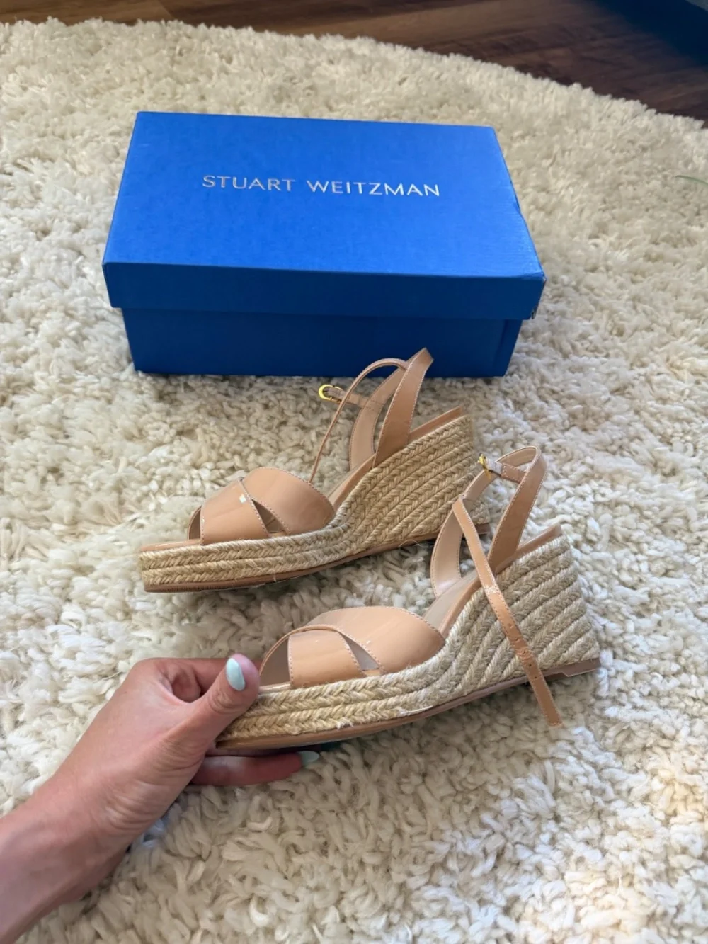 Patent leather wedge sandals NWT Stuart Weitzman Patent Nude/Tan Espadrille Wedg